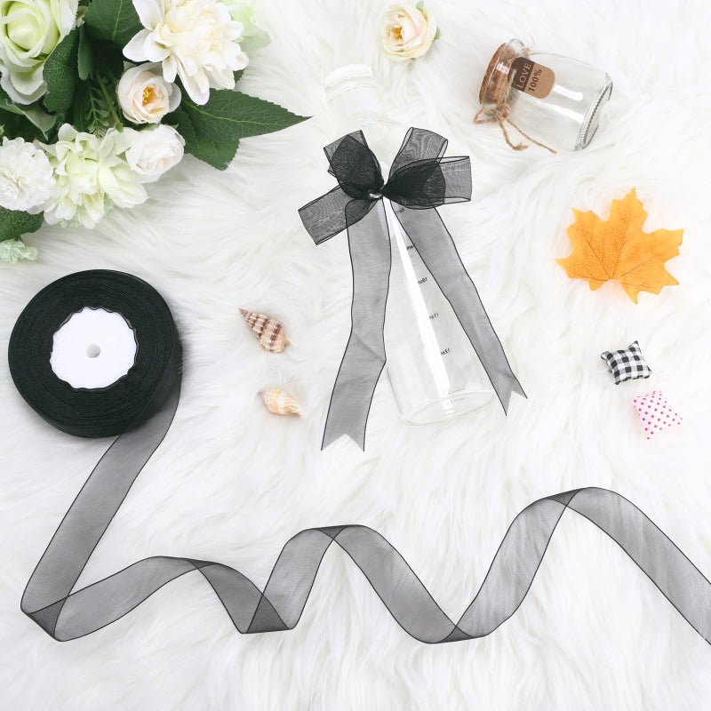 molshine 50 Yards x 1 Inch Shimmer Sheer Organza Ribbon,Chiffon Fabric Ribbons for Bouquets Garland,Bowknot,Wedding,Gift Wrapping,Hair,Crafts,Decoration (Black) - Image 4
